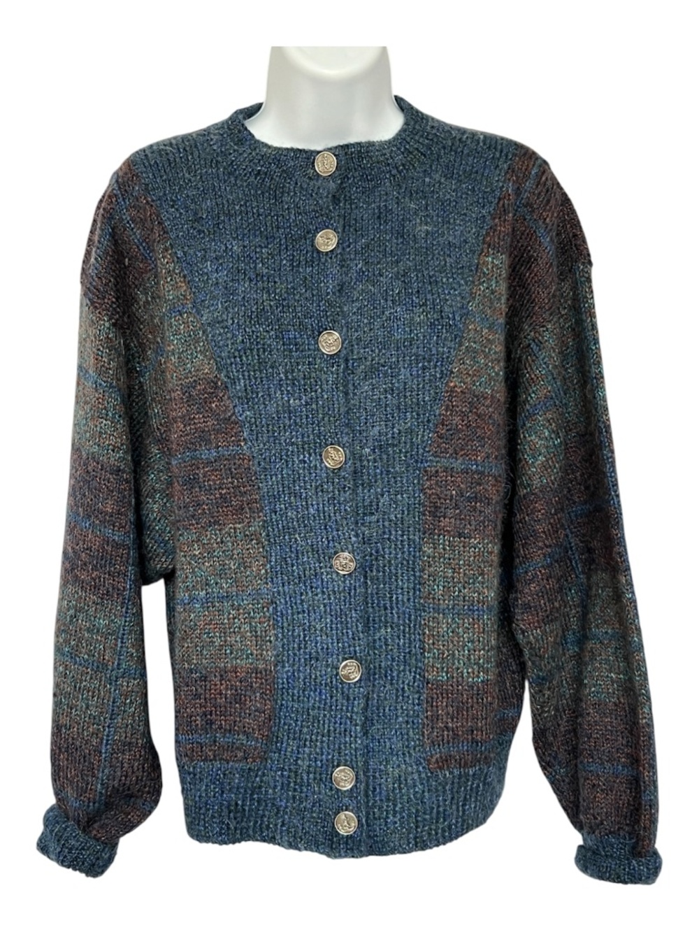Handknit Sweater Wool Blue Plaid Cardigan Metal Buttons Size M